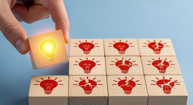 Innovative Solution Hand Placing Lightbulb Block Among Failed Ideas, Representing Creativity and Problem Solving photo