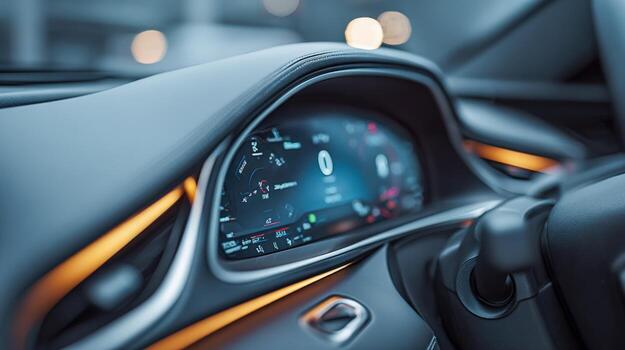 Car Dashboard Display with Modern Technology Gauges Showing Speed, Fuel, and Navigation in Elegant Vehicle Interior photo
