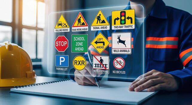 Road safety engineer analyzing traffic signs and regulations using holographic technology for infrastructure development planning photo