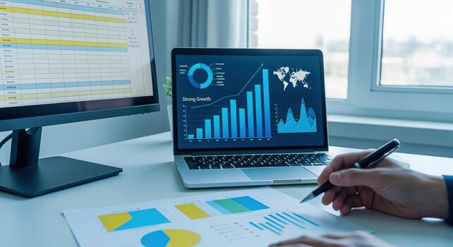 datos análisis en ordenador portátil y escritorio computadora, financiero cartas y gráficos, analizando Estadísticas foto