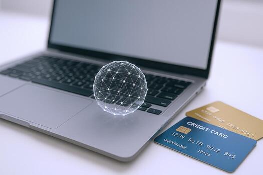 Digital sphere on laptop with credit cards, representing online security and modern ecommerce solutions photo