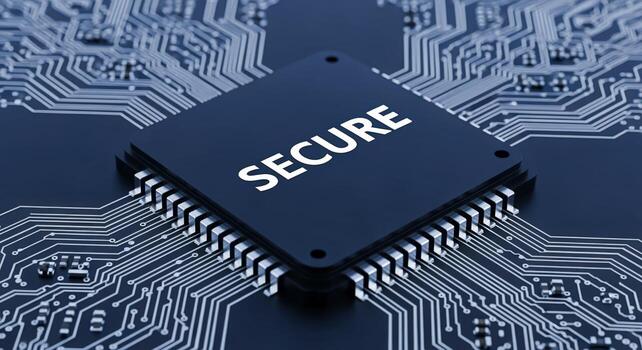 Secure Microchip Close-Up on Motherboard Illustrating Cybersecurity Concepts for Modern Technology and Data Protection photo