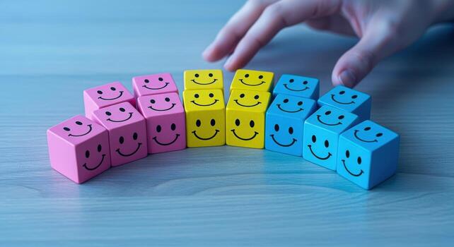 Colorful Smiling Face Blocks Arranged by Hand on Wooden Tabletop, Representing Happiness and Positivity photo