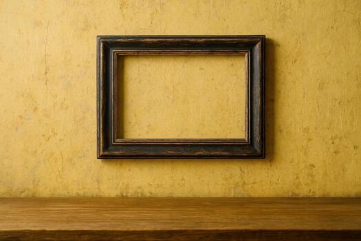 Empty Ornate Frame on Textured Wall Above Wooden Shelf, Perfect for Mockups and Artistic Displays photo