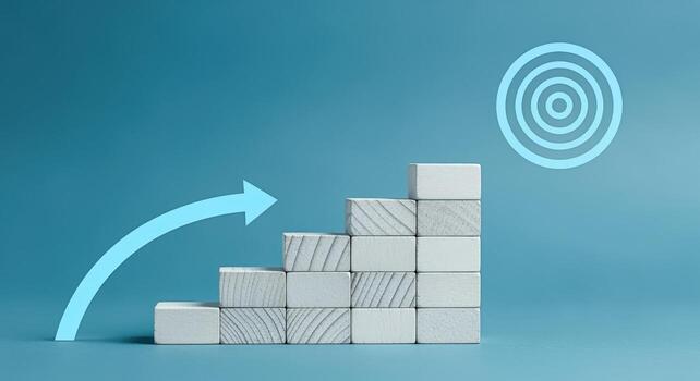 Staircase of Wooden Blocks with Arrow Aiming at Target, Representing Growth and Goal Achievement photo