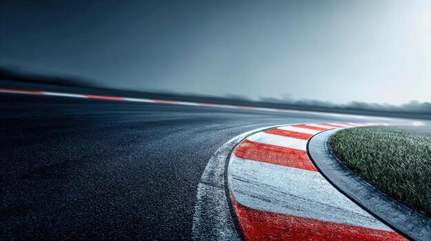 Dramatic Racing Track Curve with Asphalt and Striped Curbing for Motorsport or Automotive Concepts photo