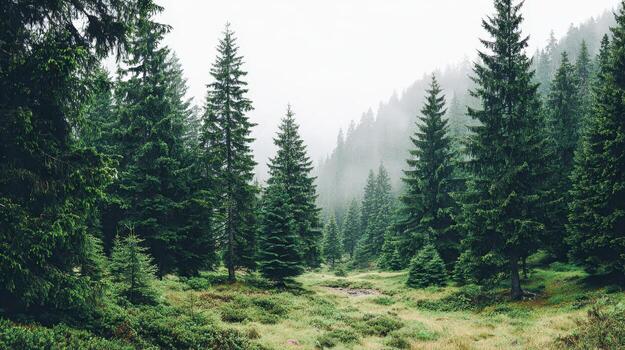 Lush Evergreen Forest Landscape with Mist Rolling Through the Mountains, Creating a Serene Natural Ambiance photo