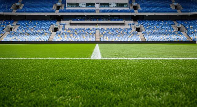 Empty Soccer Stadium with Vibrant Green Field and Blue Seating, Ready for Game Day photo