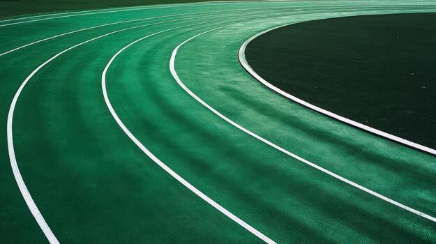 Aerial View of a Curved Green Running Track with White Lanes, Sports and Competition photo