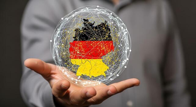 Germany Map Network Sphere held in Hand, Depicting Connection, Communication, and Technology in European Country photo