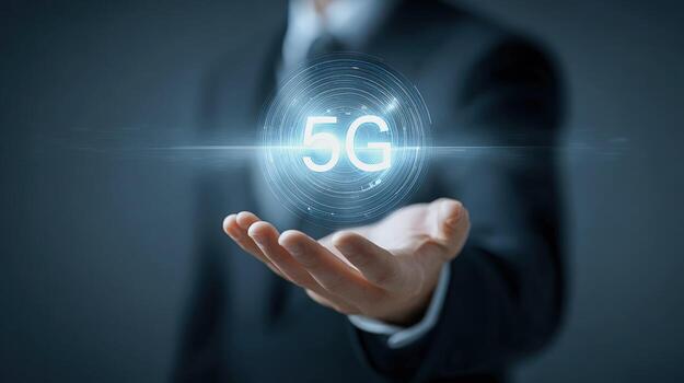 5G Technology Concept Businessman Holding Holographic Display of Wireless Communication Network, Emphasizing High-Speed Connectivity photo