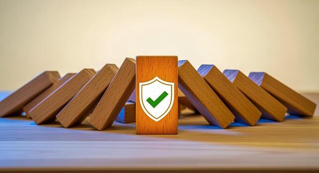 Domino Effect Stopped by Security Shield Risk Management and Prevention Concept on Wooden Surface photo