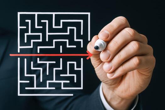 Direct Solution Hand Drawing a Straight Line Through a Maze, Demonstrating Business Strategy and Success photo