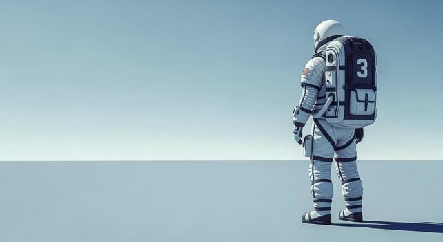Astronaut Standing on a Barren Exoplanet Surface Gaze into Distance, Emphasizing Discovery, Exploration, and Future of Space photo