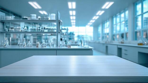 Laboratory Background with Empty Tabletop for Product Display, Scientific Research and Experimentation Backdrop photo