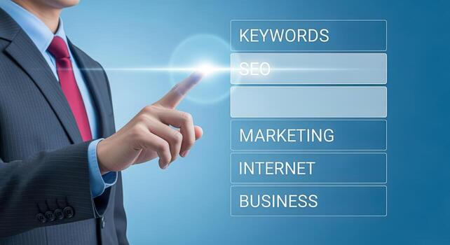 Businessman Interacting with a Digital Screen Displaying SEO, Keywords, Marketing, Internet, and Business Options photo