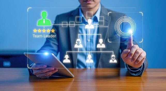 Innovative business solutions Man interacting with virtual organizational chart, highlighting team leadership and technology photo