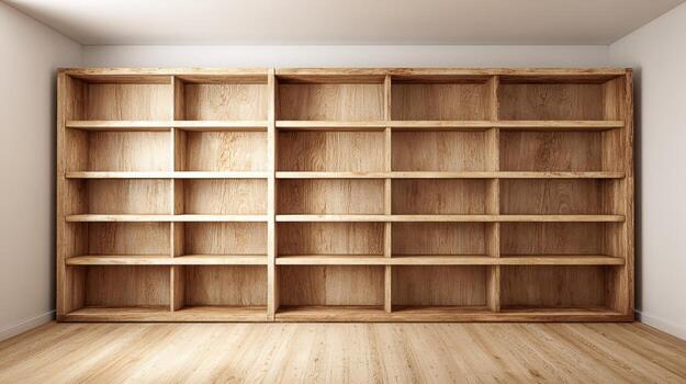 Empty Wooden Bookshelf in a Bright Room, Ready for Content and Design Elements photo