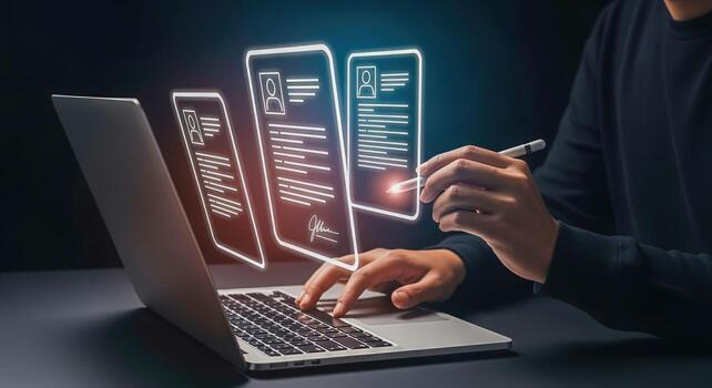 Modern Job Application Process Person Submitting CVs Online via Laptop with Digital Resume Interface photo