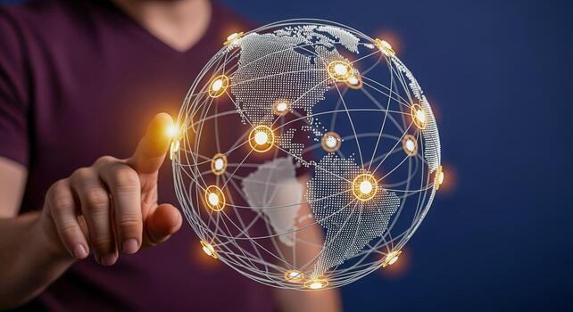 Global Network Connection A Person Touching a Digital Globe Representing Connectivity, Communication, and Technological Advancement photo
