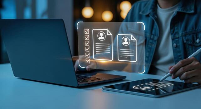 Digital Document Management Man Working with Laptop and Tablet Managing Digital Files and Paperwork photo