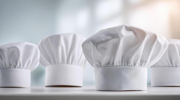 Chef Hats on Display Professional Culinary Headwear for Chefs and Bakers in a Kitchen Setting photo