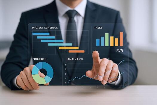 Businessman Interacting with a Digital Analytics Interface Displaying Project Schedule, Tasks, Projects and Analytics Information photo
