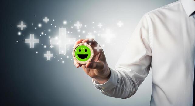 Person holding smiley face button with positive plus sign effects, symbolizing customer satisfaction and positive feedback photo