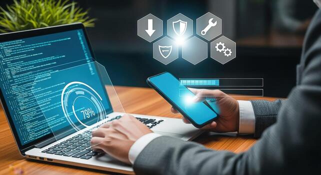 software desarrollador trabajando en ordenador portátil con digital interfaz demostración datos y programación código foto