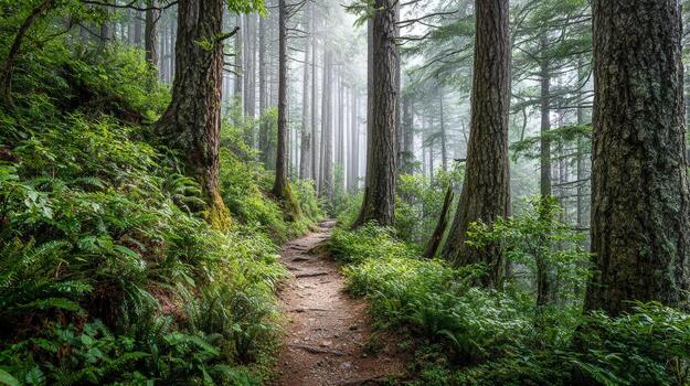 Tranquil Forest Path Serene Woodland Scenery with Lush Greenery and Misty Atmosphere for Nature Enthusiasts photo