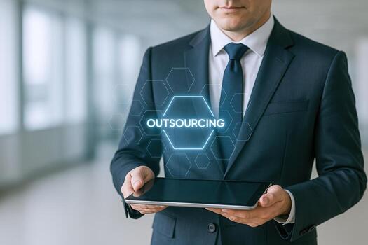 Business Professional Displaying Outsourcing Concept on Tablet Streamlining Operations for Efficiency and Growth photo