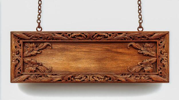 Ornate Carved Wooden Sign Hanging from Chains Isolated on White Background for Custom Text photo