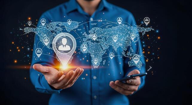 Global Business Network Concept Man Holding Digital World Map with Connection Pointers and Network Nodes photo