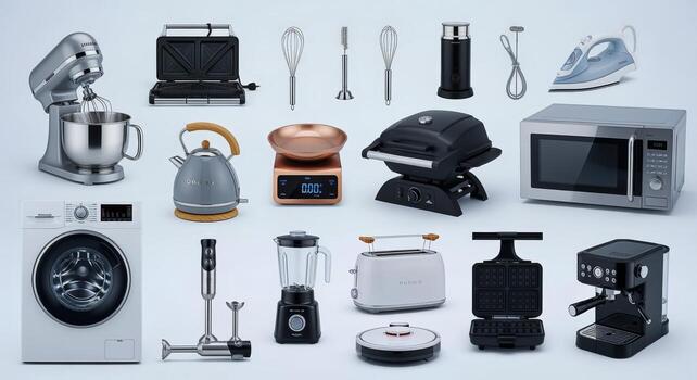 clasificado cocina accesorios formación mezclador, tostadora, pava, Lavado máquina, y más en blanco antecedentes foto