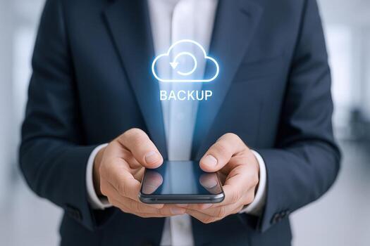 Smartphone data backup service, man holding mobile phone with cloud backup icon for security photo
