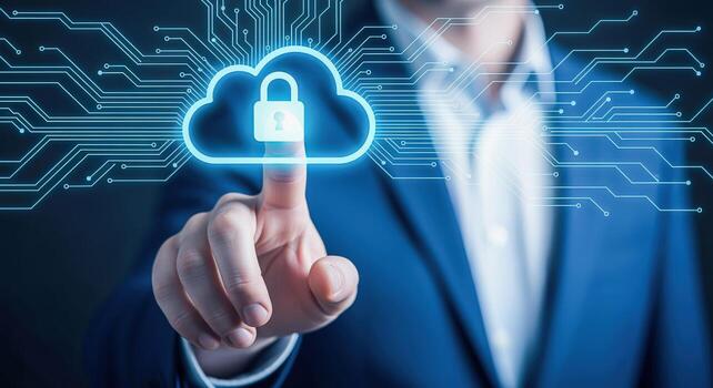 Cloud Security Concept Man Touches a Cloud Icon with a Lock Symbolizing Secure Data photo