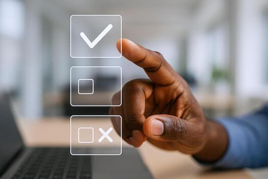 African American businessman using interactive checklist on laptop screen, selecting task complete with tick photo
