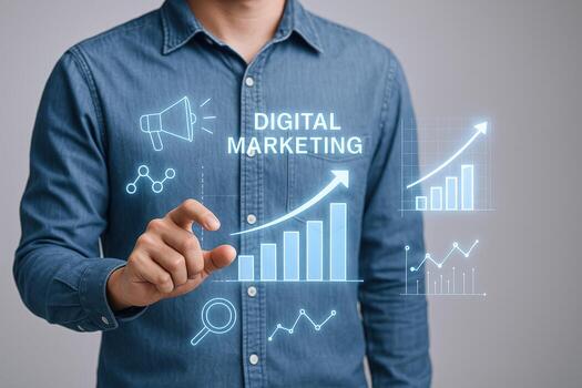 Digital Marketing Concept Man Pointing at Virtual Growth Chart on Neutral Background photo