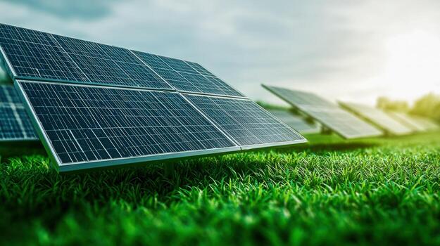 solar paneles en un verde campo generando sostenible energía, renovable recursos en un soleado día foto
