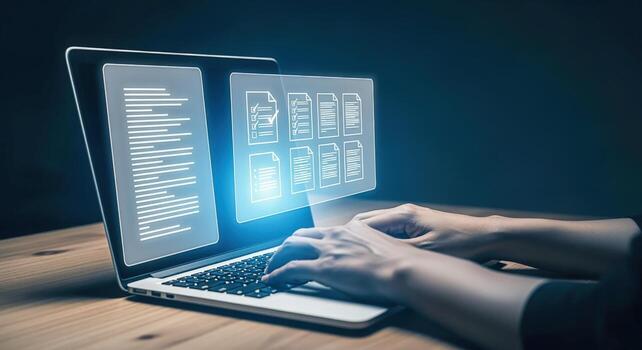 Hands Typing on Laptop with Digital Documents Overlay, Representing Modern Document Management System photo