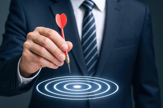 Business Strategy Businessman with Dart Targeting Success on Glowing Target, Achieving Goals and Objectives photo