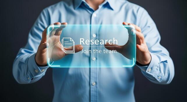 Man holding virtual screen with research icon, presenting modern digital technology for business and science development photo