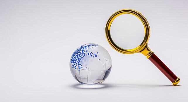 Glass Globe with Magnifying Glass Depicting Global Analysis and Exploration on Isolated Background photo
