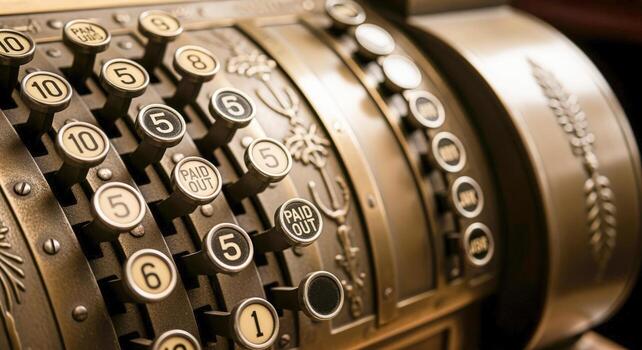 Antique Cash Register Close Up Commerce and Finance Machine with Buttons and Details photo