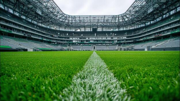 Empty Stadium Pitch Green Grass and White Line Perspective on a cloudy day, capturing the vast expanse of the stadium photo