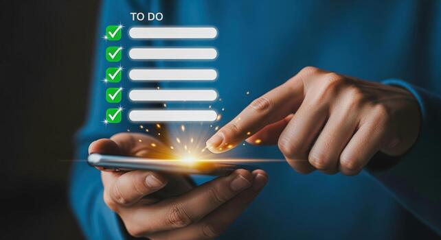 Digital To-Do List Man Interacting with an Online Checklist Application on his Mobile Phone photo