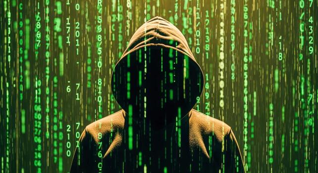 Mysterious Hacker Silhouette Against Digital Binary Rain Cybersecurity Concept Depicting Threat and Digital Security photo