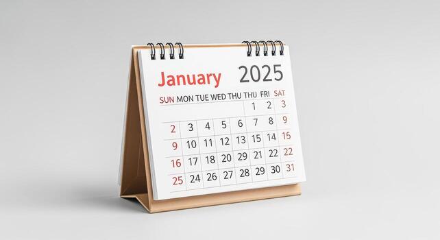 January 2025 Calendar Displayed on a Tabletop A Crisp, Clean Studio Shot with a Neutral Background photo