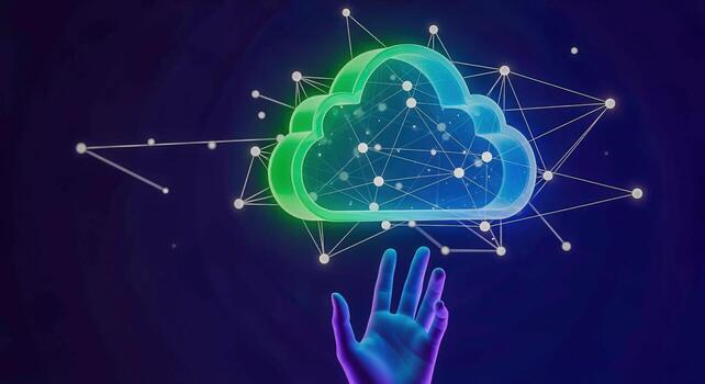 Cloud Computing Network with Hand Reaching Up, Representing Technology, Connectivity, and Modern Digital Solutions photo