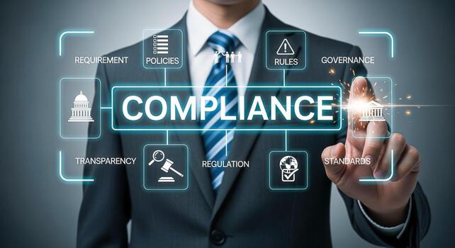 Compliance Regulations and Standards Concept Businessman Interacting with Virtual Interface Representing Governance and Transparency photo